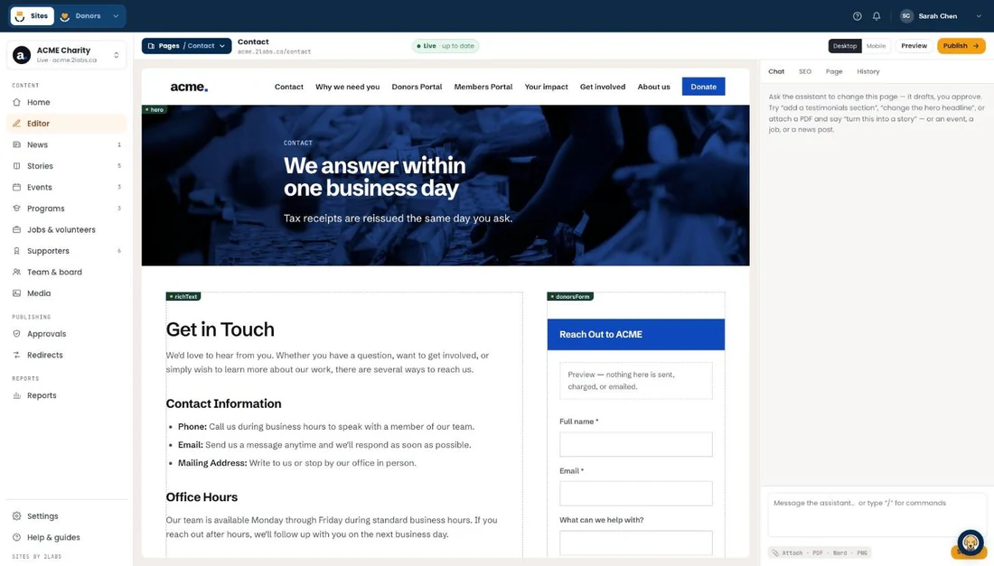 The Sites editor with a charity’s contact page open: a live preview in the centre, and the assistant panel on the right where staff describe the change they want.