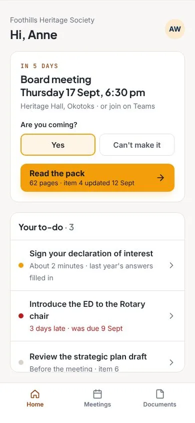 The director’s home screen on a phone, showing the next meeting, an RSVP, the board pack and a short to-do list.