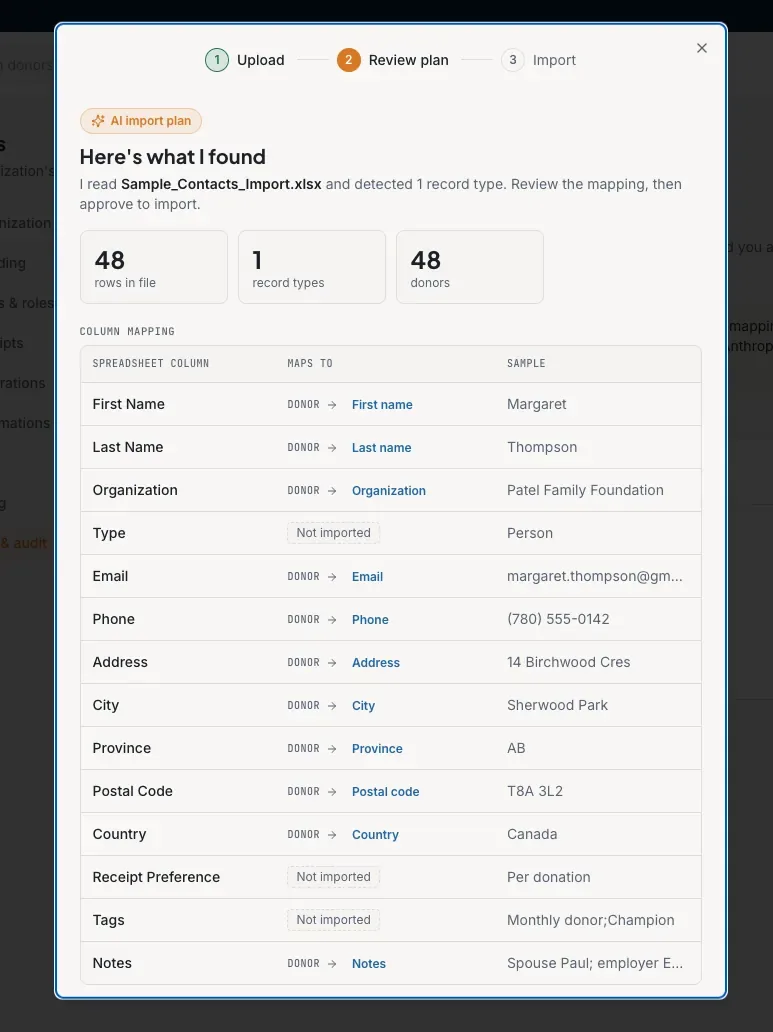 The AI-assisted import screen in Donors, showing a proposed column mapping and cleanup plan for an uploaded spreadsheet.