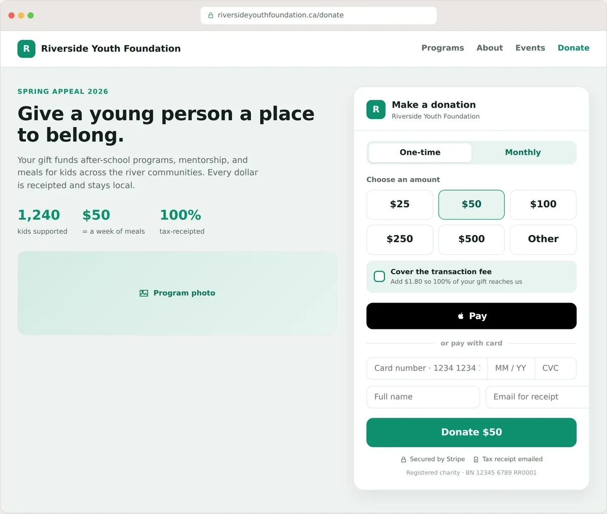 A branded online donation form built in Donors, with preset gift amounts and a recurring giving option.