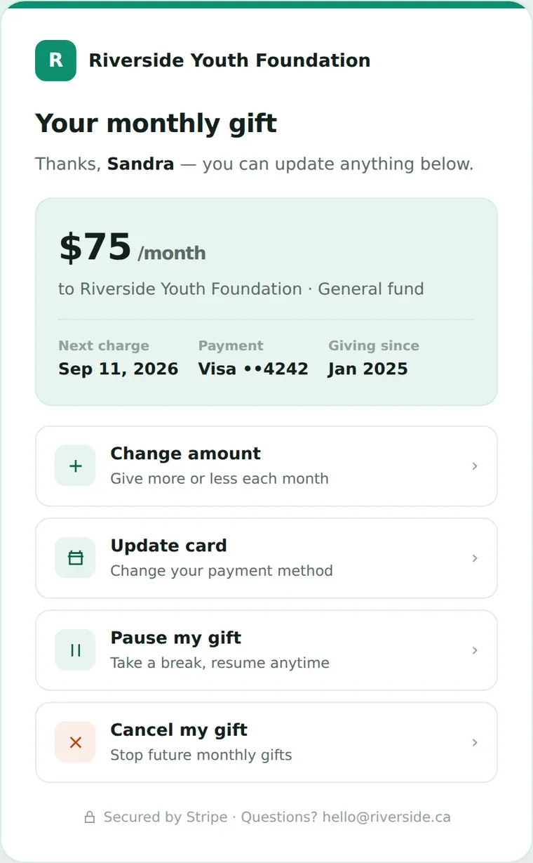 The donor self-serve screen for managing a recurring gift, shown on a narrow mobile-width layout.
