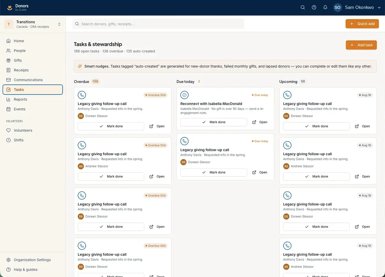 The tasks and stewardship screen in Donors, showing follow-up tasks and automatically generated nudges.