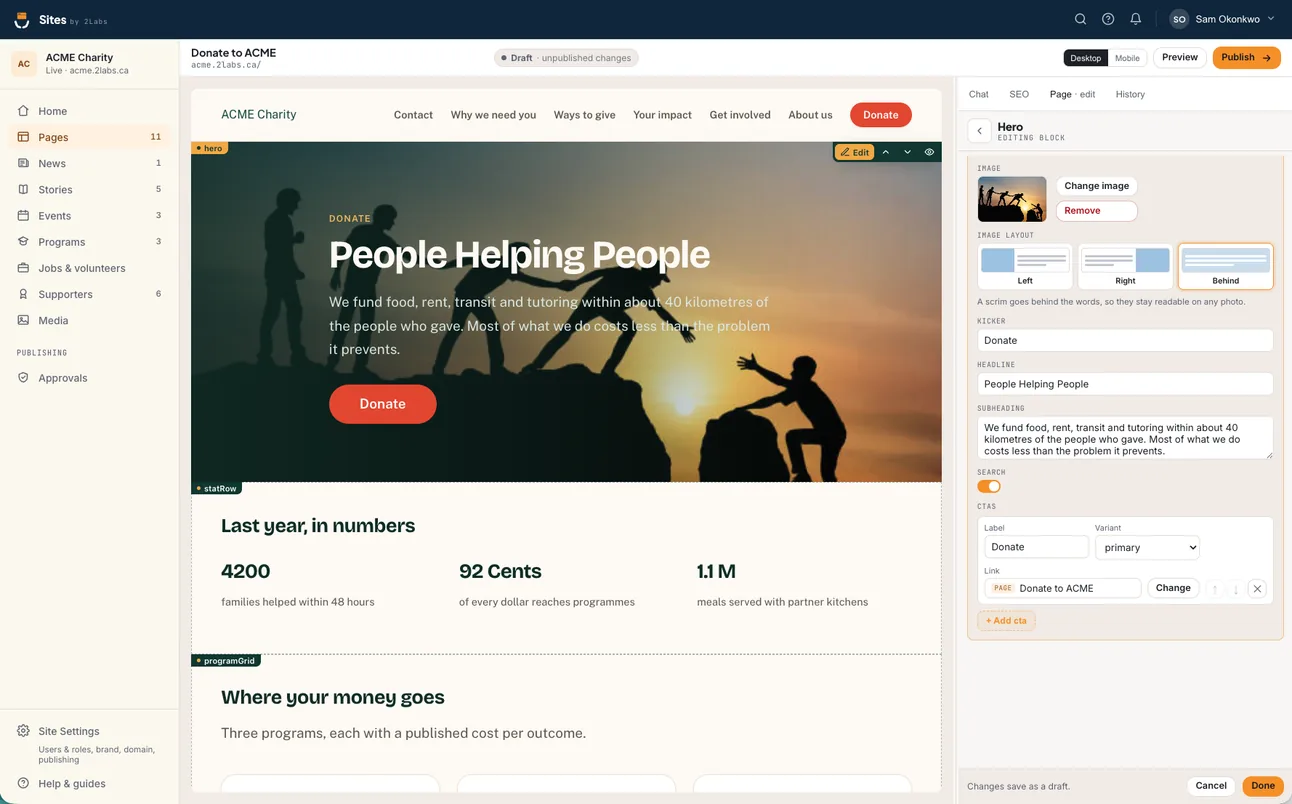 The Sites editor with a charity's donation page open: the page in the centre, and a side panel for editing the hero block's image, layout, headline and button.